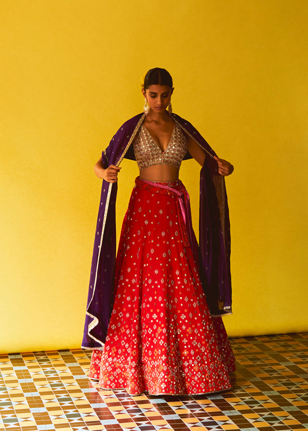 Sindoor Lehenga, Blouse And Violet Dupatta