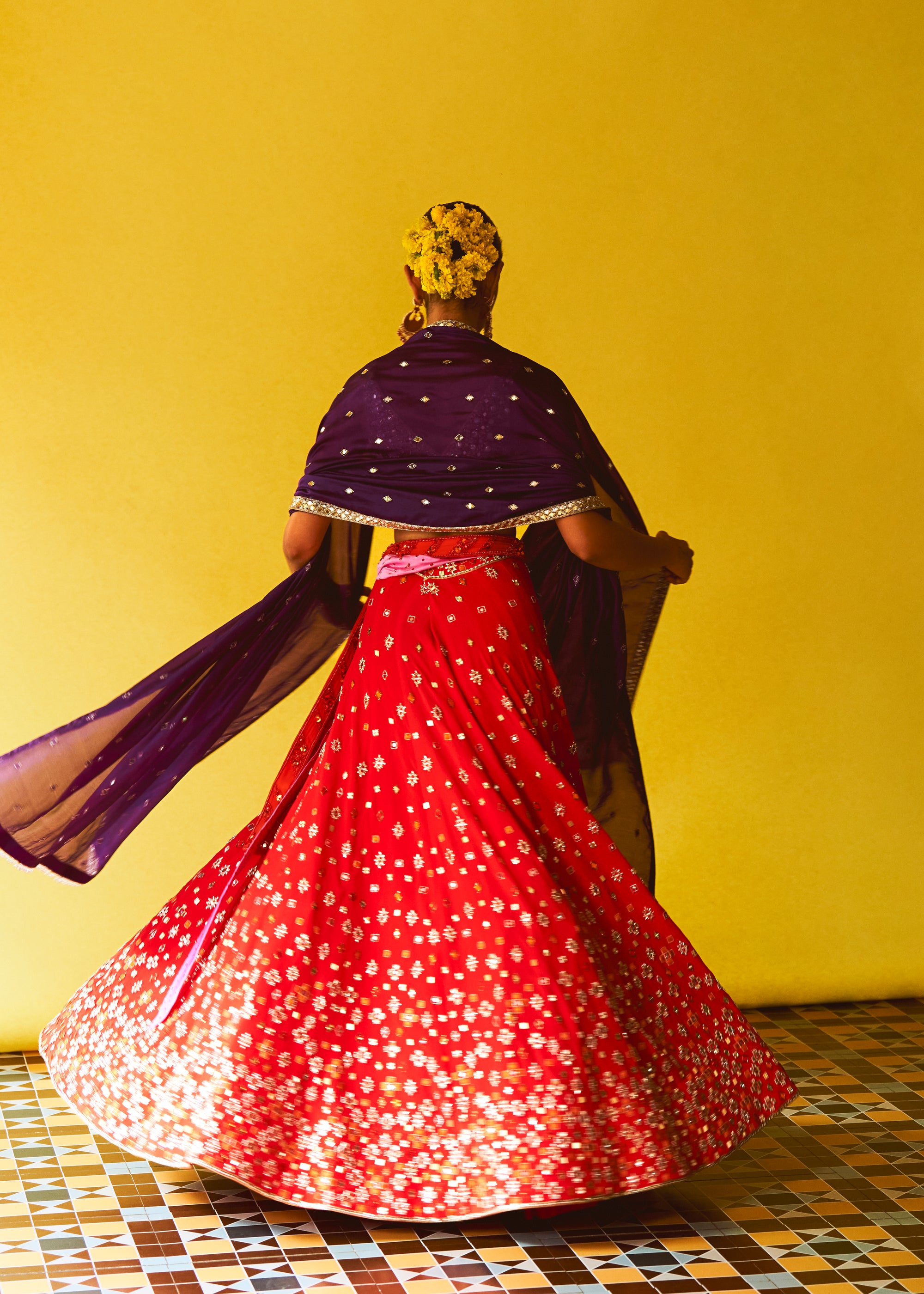 Sindoor Lehenga, Blouse And Violet Dupatta