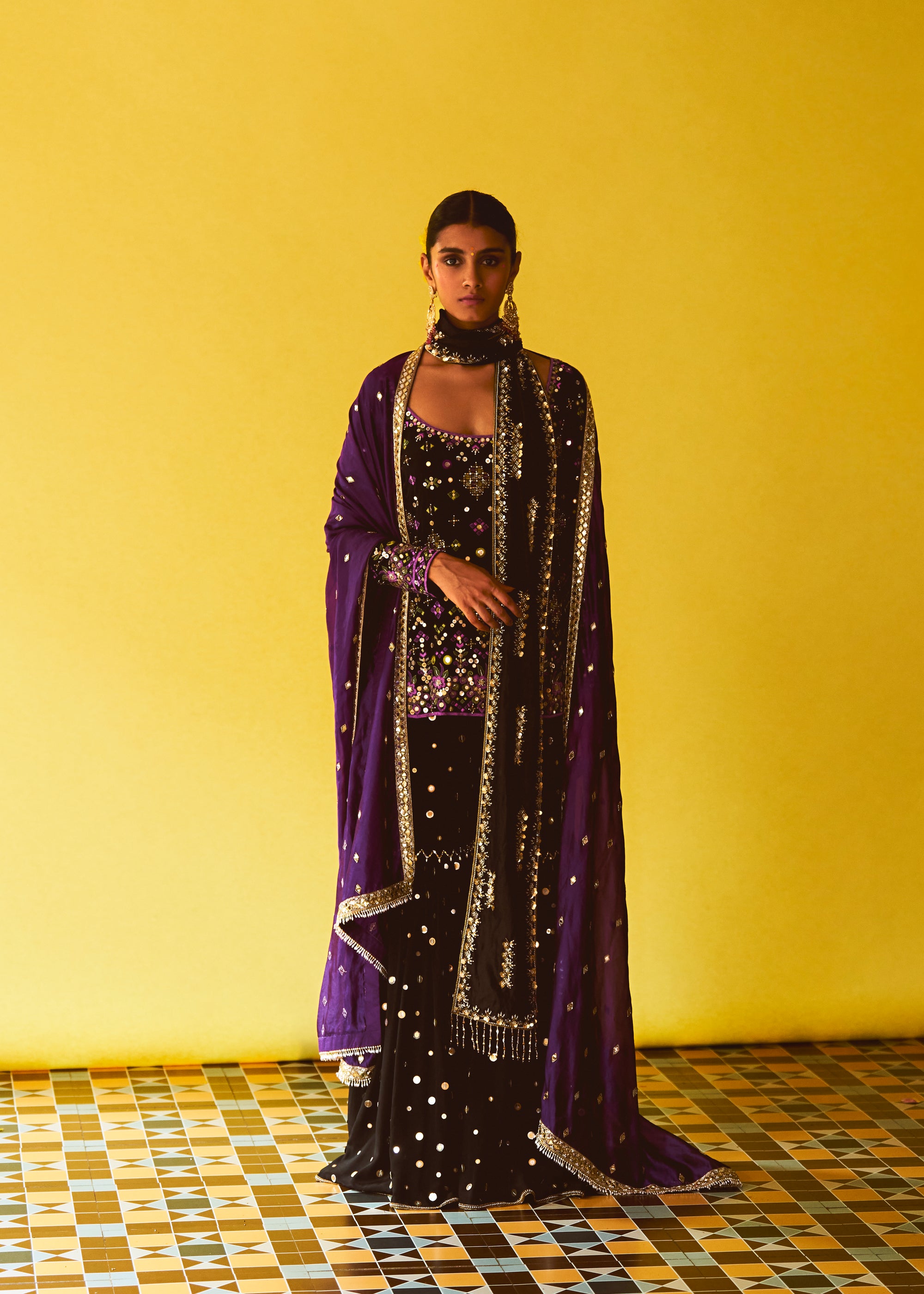 Nuit Black Embroidered Kurta, Nuit Black Sequin gharara, Black Embroidered Stole & Violet purple Organza Dupatta