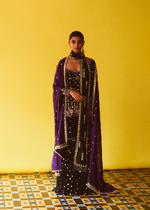 Nuit Black Embroidered Kurta, Nuit Black Sequin gharara, Black Embroidered Stole & Violet purple Organza Dupatta