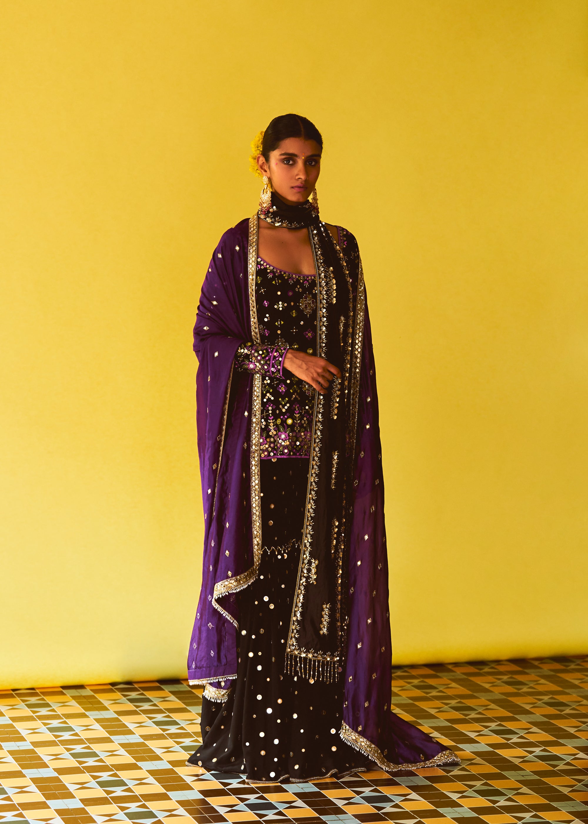 Nuit Black Embroidered Kurta, Nuit Black Sequin gharara, Black Embroidered Stole & Violet purple Organza Dupatta