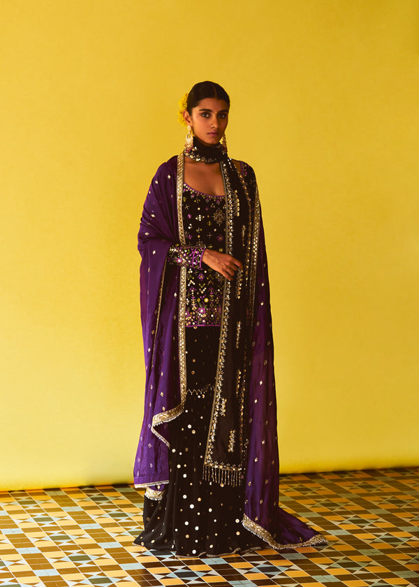 Nuit Black Embroidered Kurta, Nuit Black Sequin gharara, Black Embroidered Stole & Violet purple Organza Dupatta