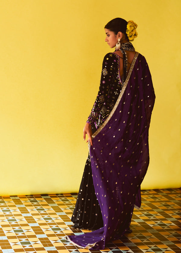 Nuit Black Embroidered Kurta, Nuit Black Sequin gharara, Black Embroidered Stole & Violet purple Organza Dupatta