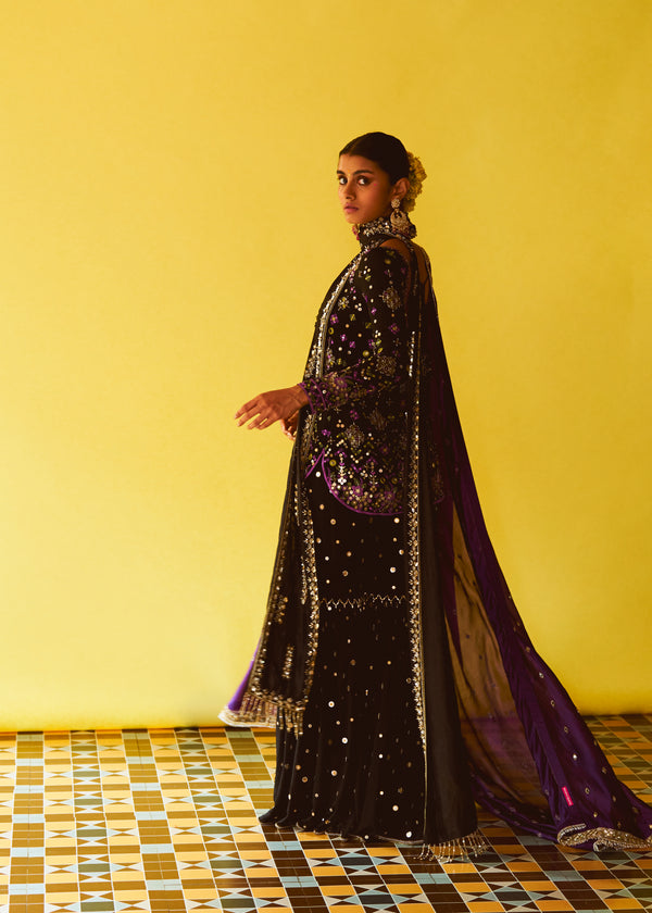 Nuit Black Embroidered Kurta, Nuit Black Sequin gharara, Black Embroidered Stole & Violet purple Organza Dupatta