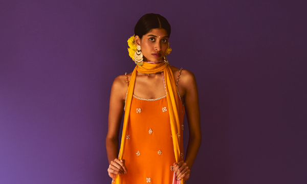 Amber Slip Kurta, Amber Benaras Pant, mustard Stole And Rose Embroidered Stole