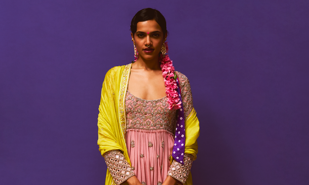 Bijou Rose Pink Embroidered Anarkali, Bijou rose Pink Benaras Pant, Lemon Neon Yellow embroidered Organza Dupatta