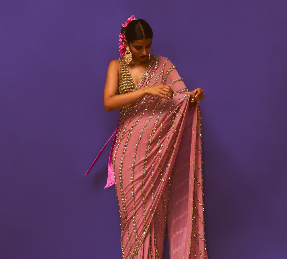 Cabochon Rose Pink Pre Pleated Sari with Rose Embellished Blouse