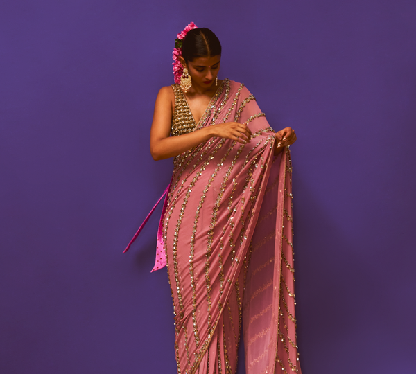 Cabochon Rose Pink Pre Pleated Sari with Rose Embellished Blouse