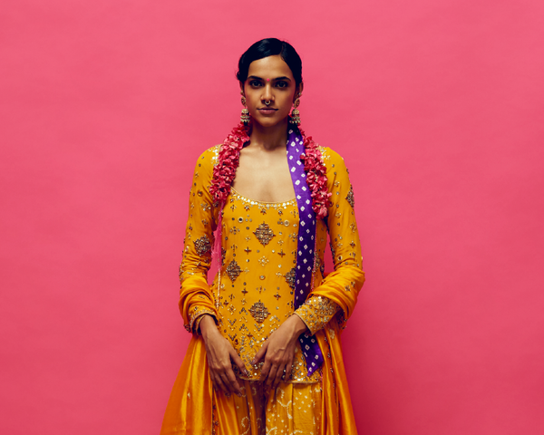 Daffodil Embroidered Short Kurta, Mustard bandhani Dhoti Pant And Mustard Organza Dupatta