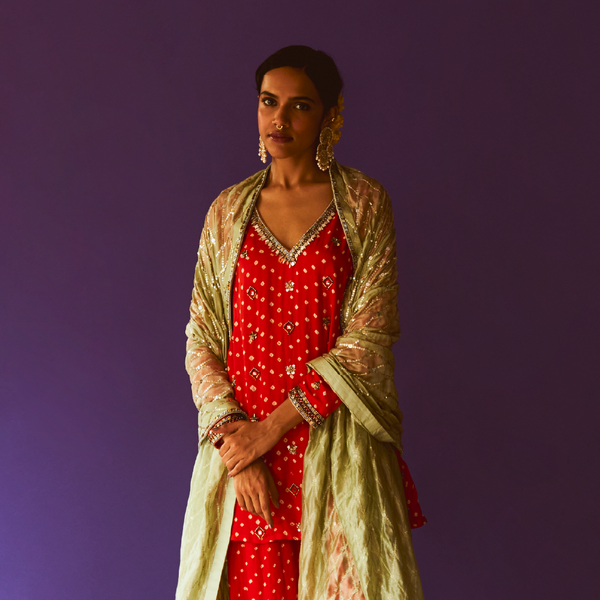 Dahlia Bandhani Aline Kurta, Dahlia Dhoti pant And Mint Diamond Dupatta