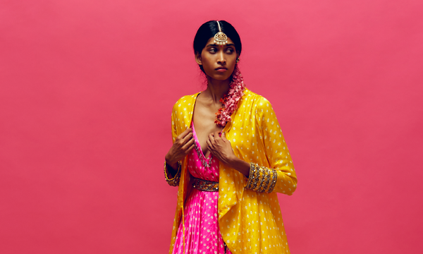 Gulabi’ Bandhani Kurta, ‘sunflower’ Bandhani jacket, ‘peony’ Bandhani Pant