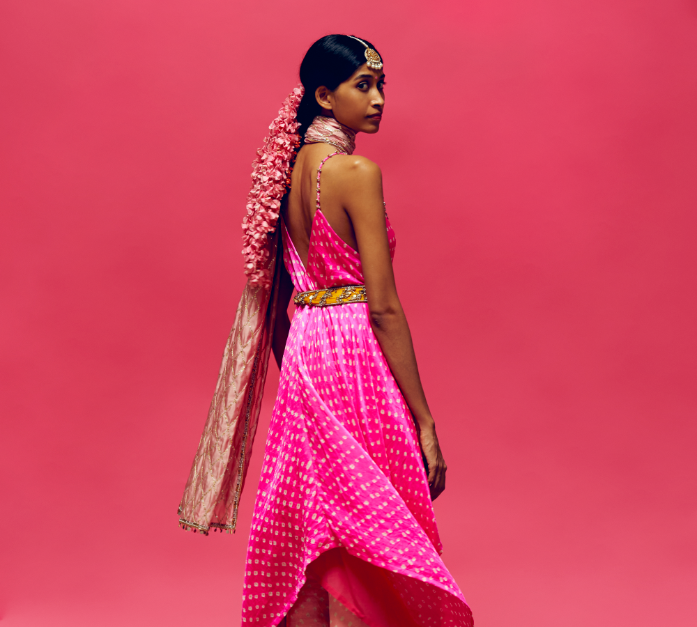 Gulabi Bandhani Handkerchief Kurta/dress, peony Straight Bandhani Pant With Peony diamond Embroidered Dupatta