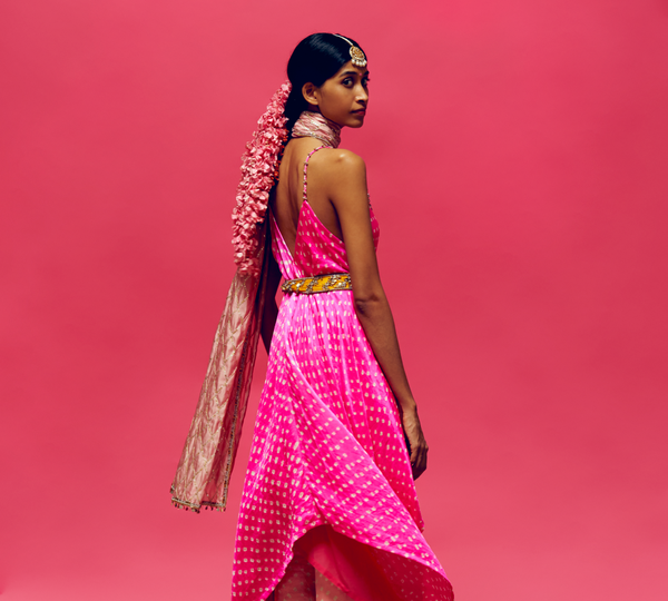 Gulabi Bandhani Handkerchief Kurta/dress, peony Straight Bandhani Pant With Peony diamond Embroidered Dupatta