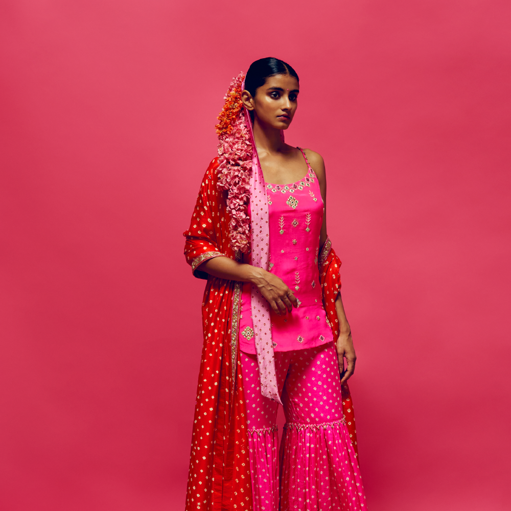 Gulabi Embroidered Slip Kurta, Gulabi bandhani Gharara With Dahlia Bandhani embellished Dupatta