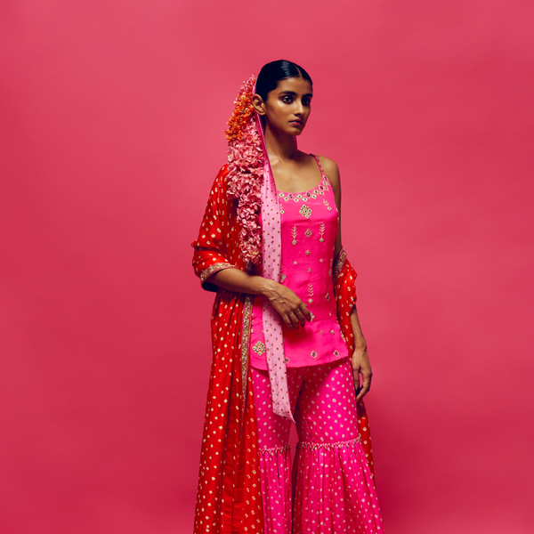 Gulabi Embroidered Slip Kurta, Gulabi bandhani Gharara With Dahlia Bandhani embellished Dupatta