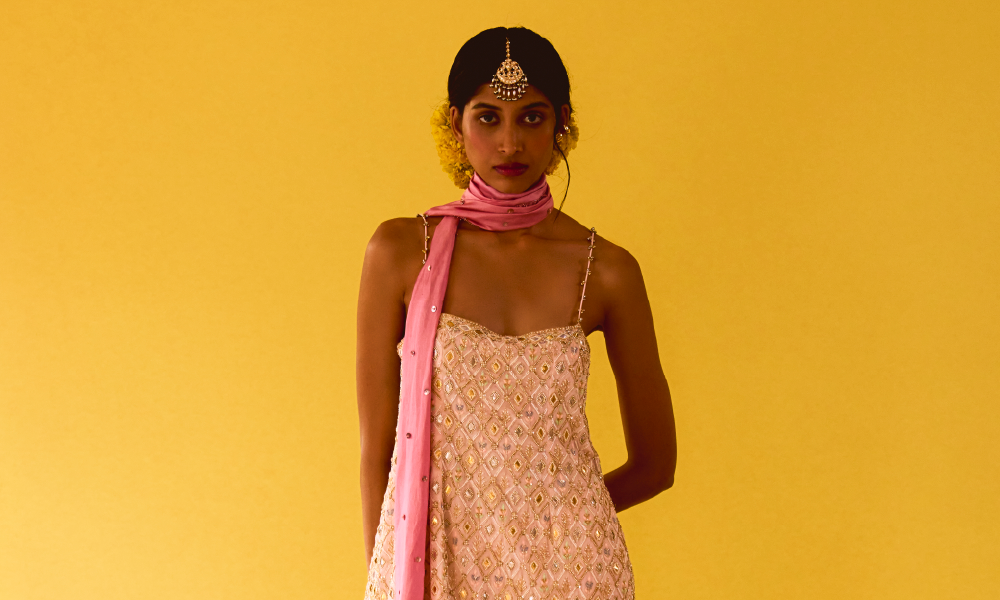 Lotus Slip Kurta, Lotus Sequin Gharara & Rose Pink Stole