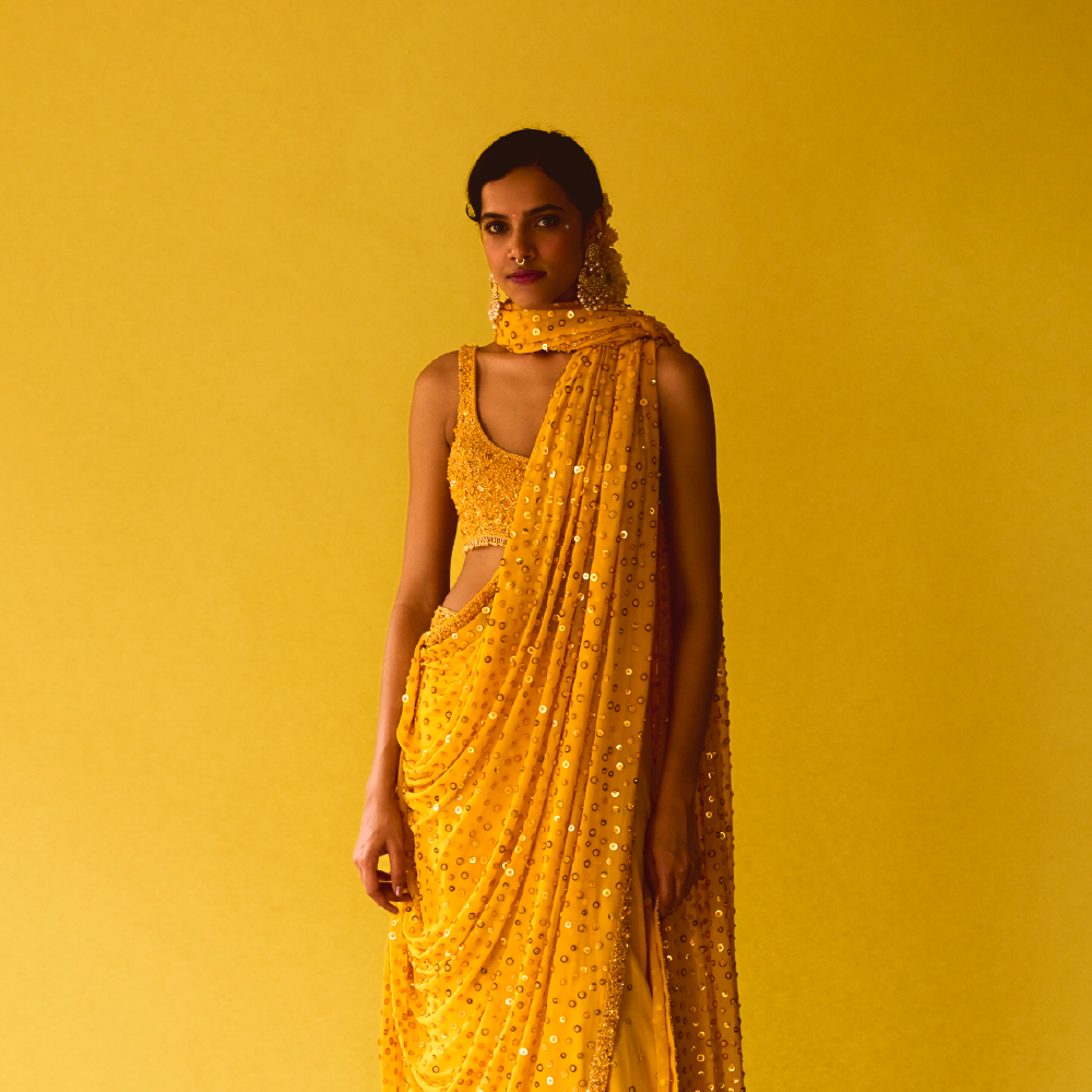 Marigold Shimmer Lehenga Sari with Shimmer Blouse