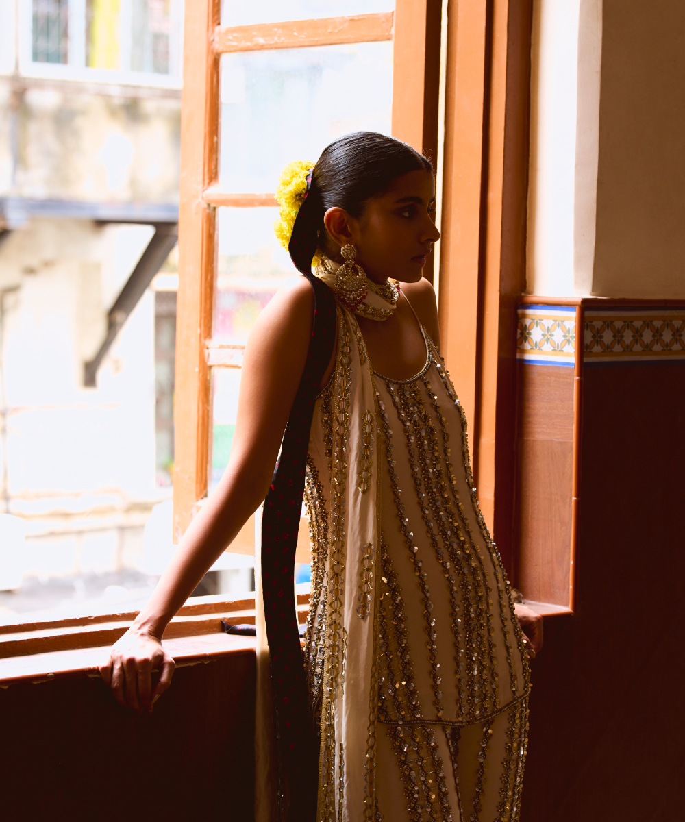 Mercury Sequin Waistcoat, Honey Kurta With threadwork And Sequin And Gharara