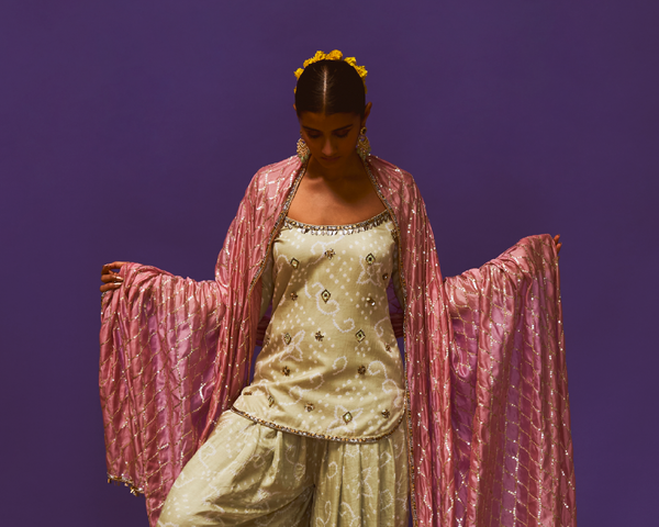 Mint Bandhni Kurta, Mint Bandhani Dhoti pant And Chrysanthemum Dupatta