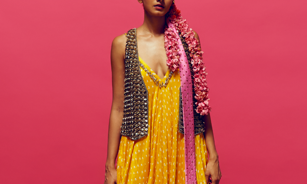 Sunflower’ Bandhani Kurta & ‘mirror, mirror’ Waistcoat