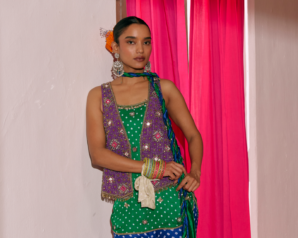 Deodar Kurta, Cerulean Pants, Berry Waistcoat