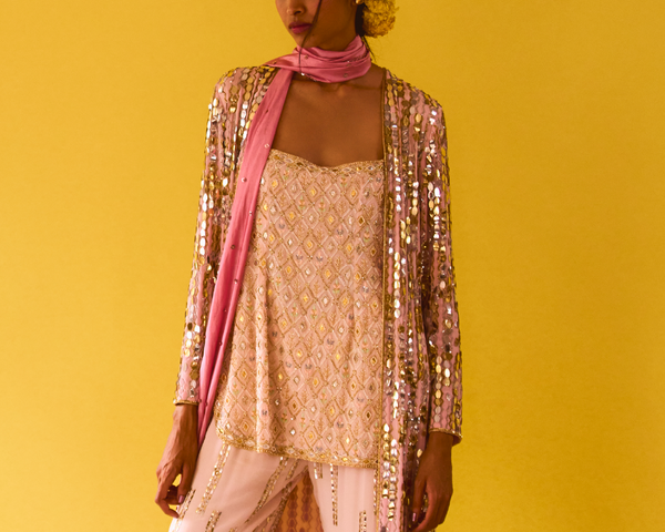 Lotus Slip Beadwork Kurta & Sequin Sharara, Surya Sequin Jacket