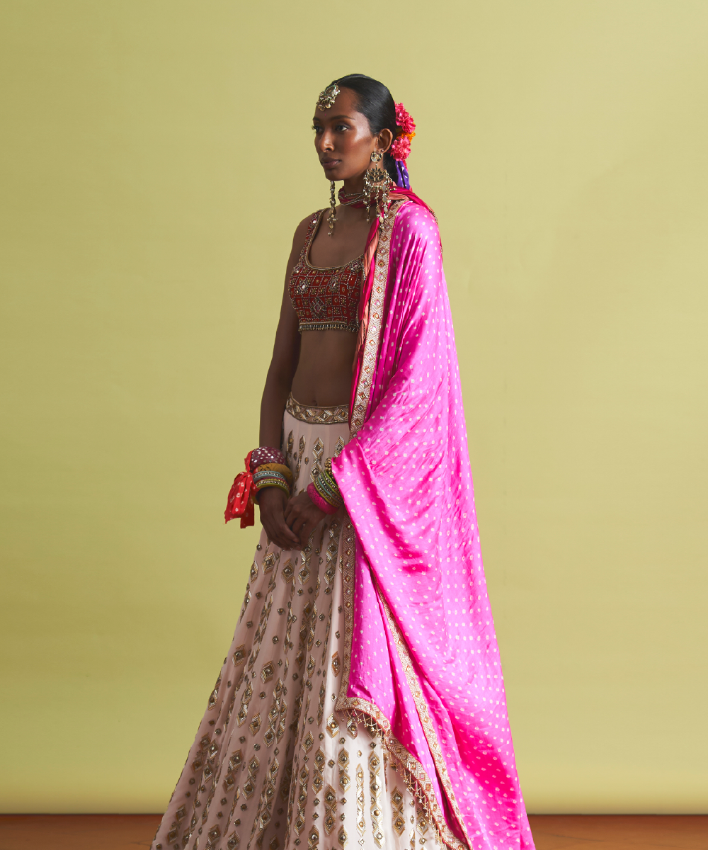 Shyne Lehenga & Crimson Blouse With Gulabi Dupatta