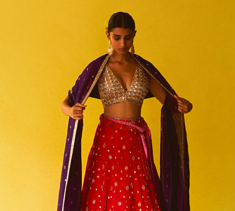 Sindoor Lehenga, Blouse And Violet Dupatta